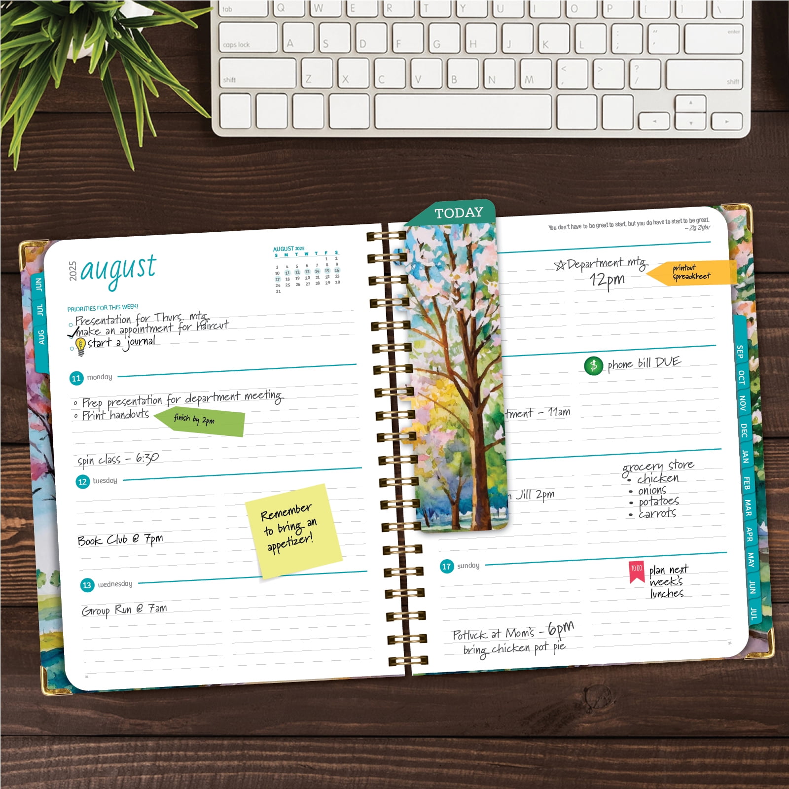 Academic Year 2025-2026 Planner, June 2025 - July 2026, 8.5"x11" Daily Weekly Monthly Planner Yearly Agenda, Hardcover, Bookmark, Pocket Folder and Sticky Note Set (Summer Bliss) (Watercolor Tree)
