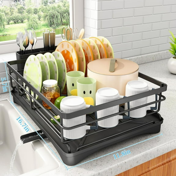 Stainless Steel Dish Drying Rack - Large-Capacity Kitchen Organizer with Cutlery Holder, Black