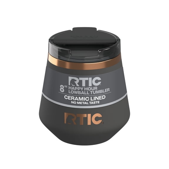RTIC 8 oz Ceramic Lined Insulated Happy Hour Lowball Tumbler, Leak Resistant Lid, Soft-Touch Exterior, Light Black