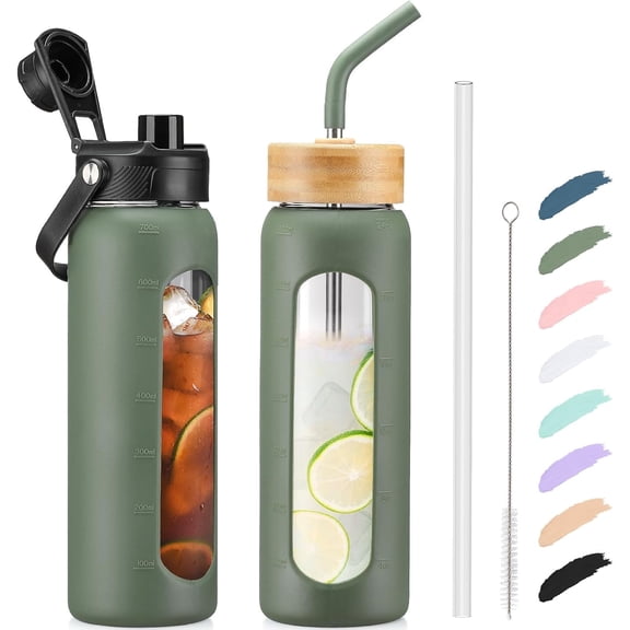 MUKOKO Glass Water Bottle, 24oz Sports Drinking Tumbler with Silicone Sleeve and Straw, 1 Cup 2 Lids, Olive
