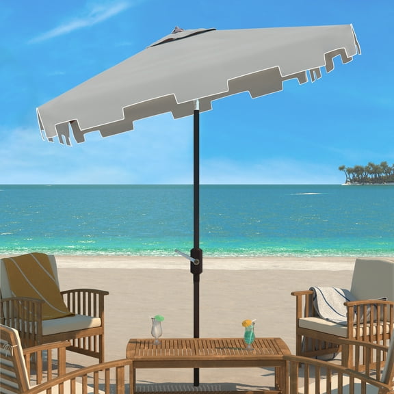 SAFAVIEH Zimmerman 7.5' Market Crank Square Patio Umbrella, Grey/White
