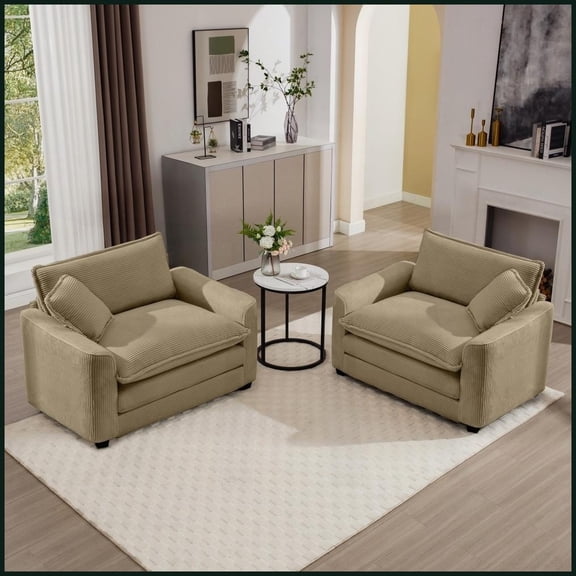 Classic Modern Tan Corduroy Sofa Set with 2 Single Chairs - Deep Seating for Living Room Bedroom Office