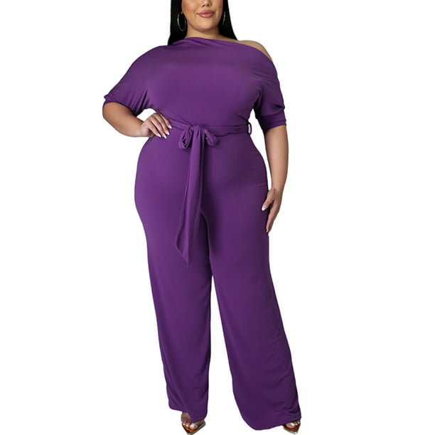 MAWCLOS Women Size Jumpsuit Relaxed Fit Pure Short Sleeve Cold Shoulder Romper Loose Pants Playsuit with Belt - Walmart.com