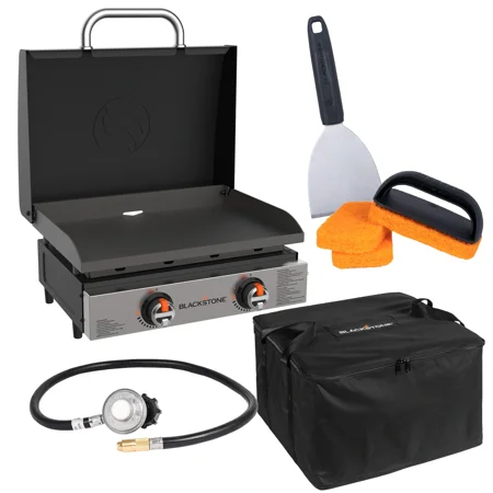 Blackstone 22 inch Omnivore Griddle Tabletop Bundle.361 Square Inch Cooking Area. Hinged Hood.4pc Griddle Cleaning Kit. Heavy Duty Carry Bag
