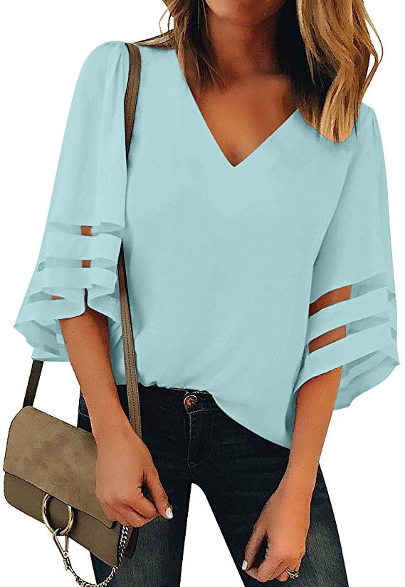 Women's V Neck Mesh Panel Blouse 3/10 