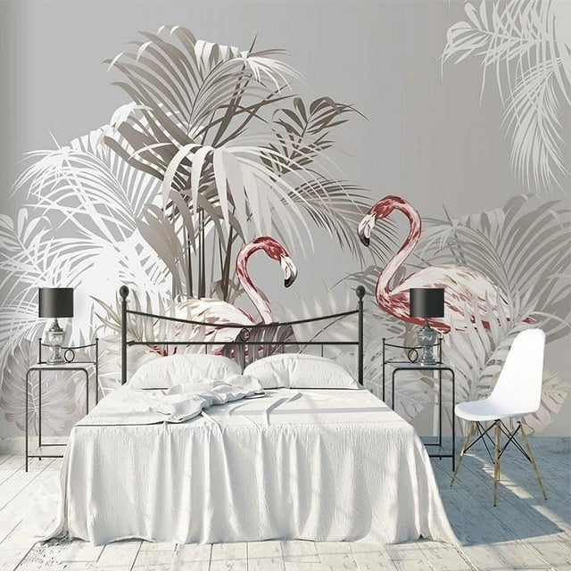 Papier Peint 3D Flamant Rose Plante SKU WAL0291