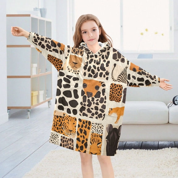 Leopard Cheetah Oversized Wearable Blanket Hoodie Sweatshirt Flannel for Unisex Girls Boys