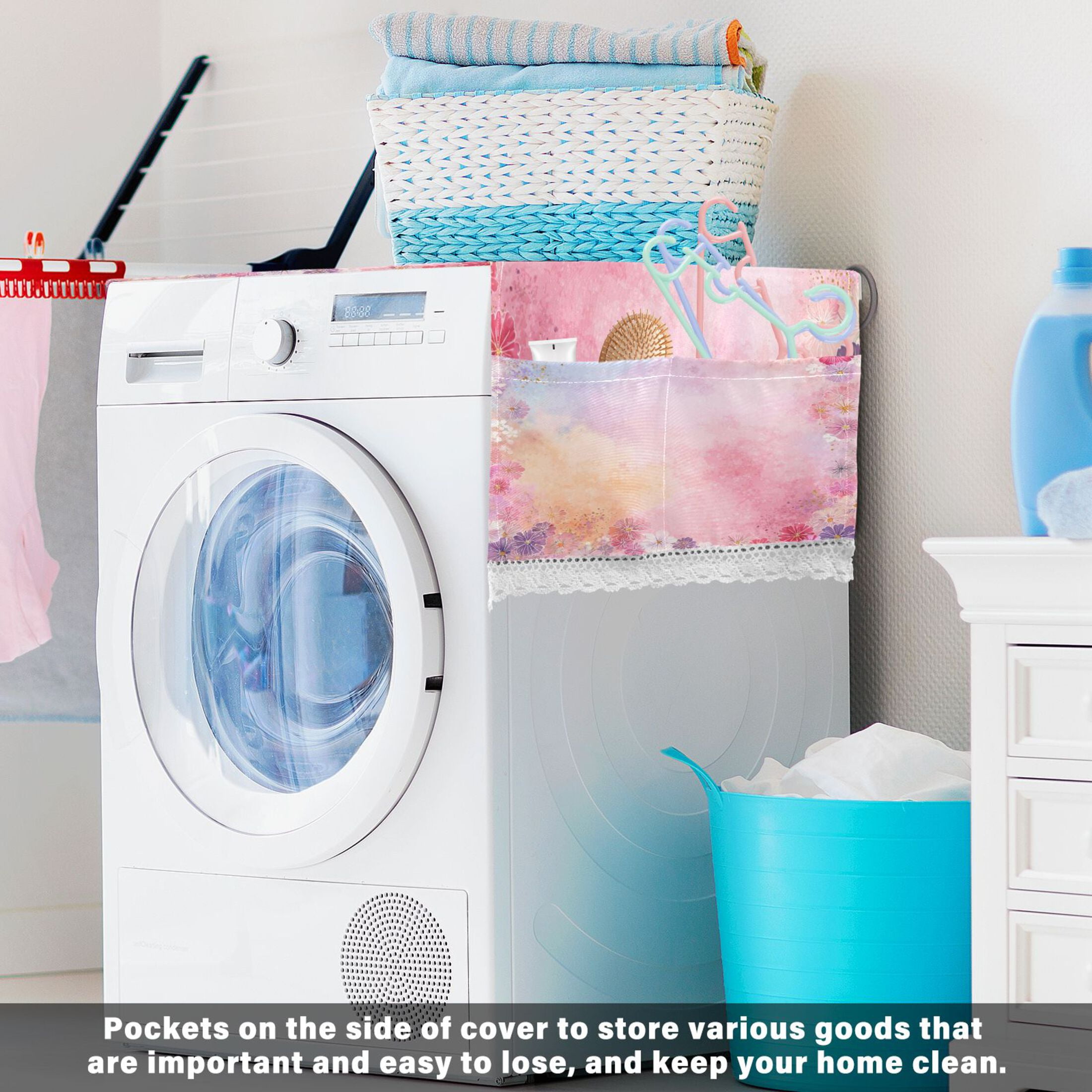 Dustproof Washing Machine Cloth Washer and Dryer Top Covers, Fridge Dust Cover, With Storage Bags Colorful Pastel Floral Pattern