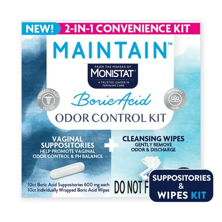 Monistat Maintain Boric Acid for Vaginal Odor Convenient 2-in-1 Kit, 10 Feminine Wipes and 10 Boric Acid Suppositories for Women