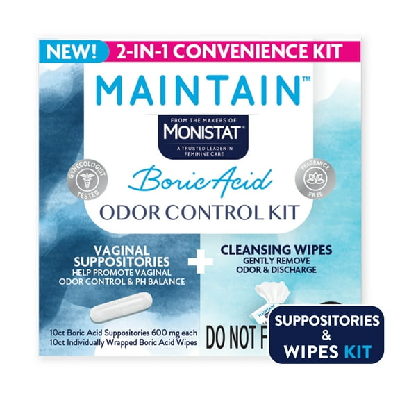 Monistat Maintain Boric Acid for Vaginal Odor Convenient 2-in-1 Kit, 10 Feminine Wipes and 10 Boric Acid Suppositories for Women