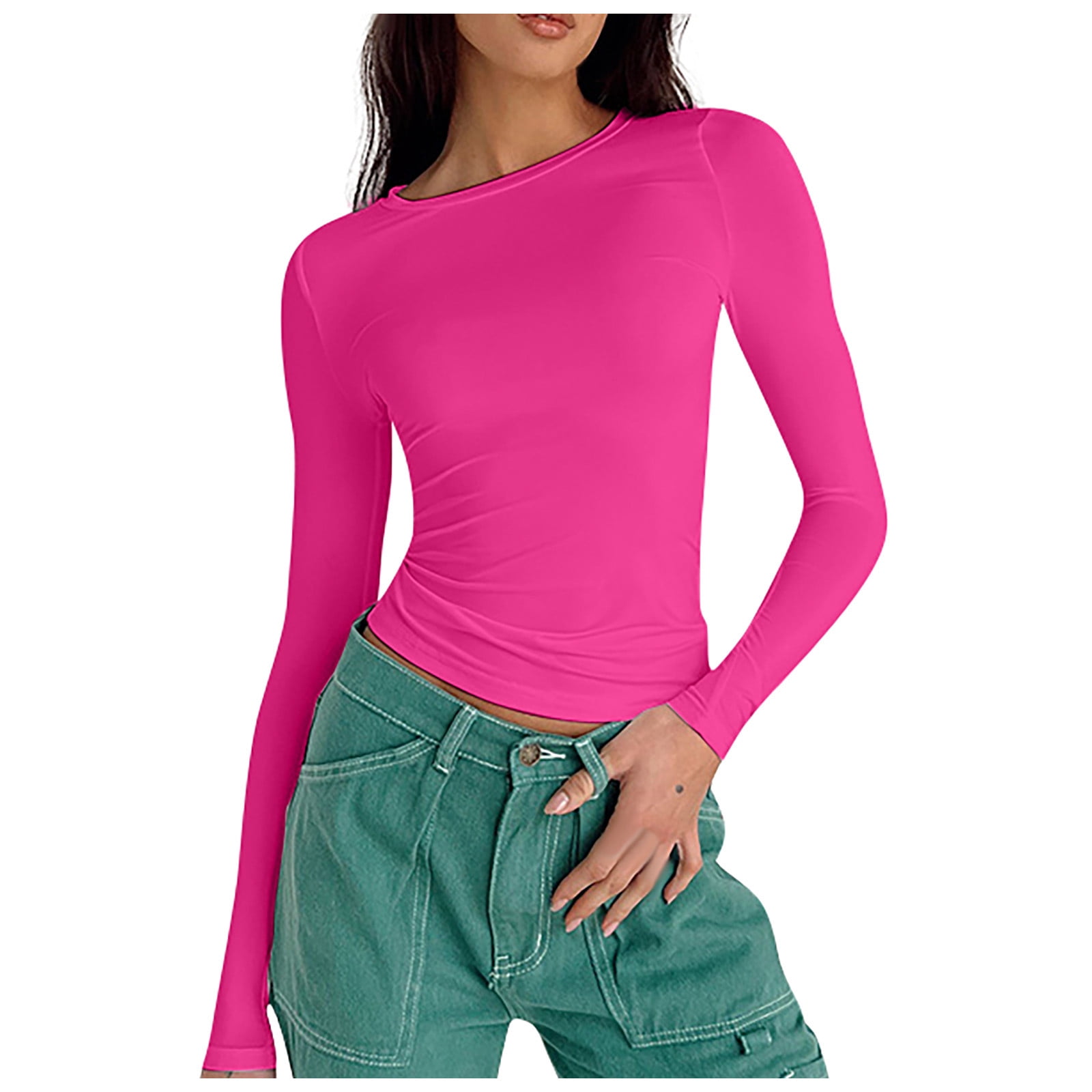 par Kompleks Flagermus ZXHACSJ Women's Fashion Solid Colour Round Neck Long Sleeve T-Shirt Top Hot  Pink S - Walmart.com