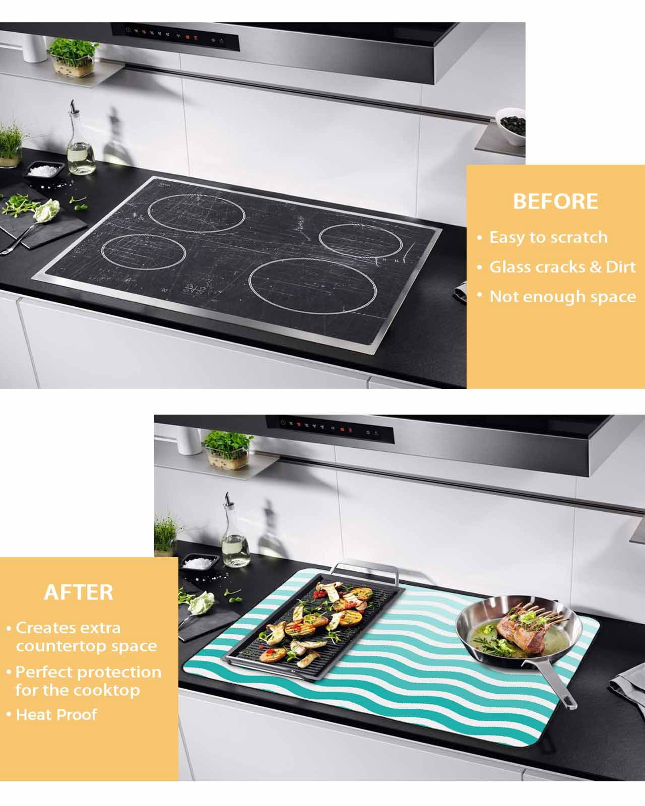 nqOlkjepod Large Induction Cooktop Protector Mat 24"x21", Geometric Turquoise Ombre Stove Top Covers for Electric Stove, Modern Gradient White Ocean Striped Stove Burner Cover Mats Stove Cover