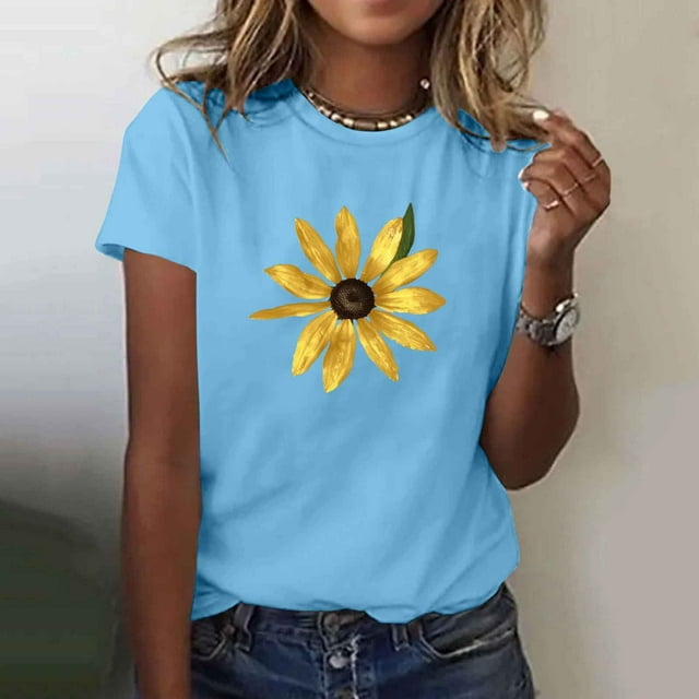 Ovbmpzd T-Shirts d'Été pour Femmes à Manches Courtes Bleus Amusants à Motif Floral T-Shirts Graphiques pour Femmes m