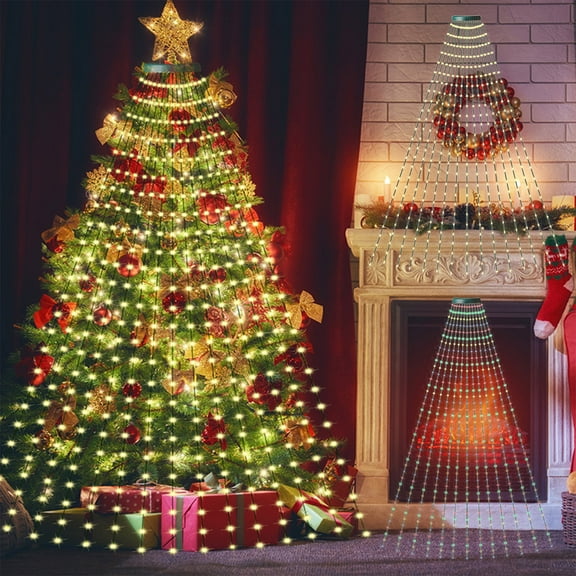 ​Remote Control Christmas Tree Lights - 10ft 16 Strand LED Waterfall Light String for Indoor/Outdoor Holiday Decoration​​ Beige,Multicolor