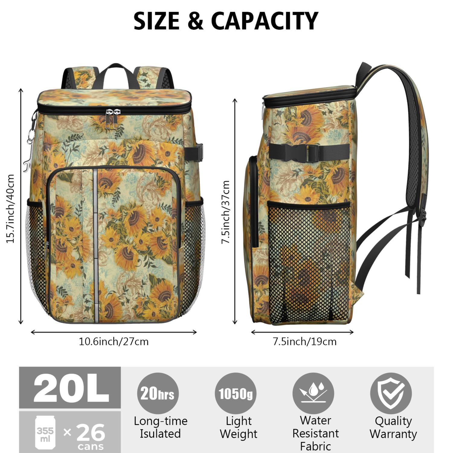 Travel Cooler Bag - Sunflower Camping Beer Cooler Backpack with Bottle Opener- Waterproof Insulated Picnic Backpacks - Cooler Bag for Beach