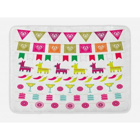 Fiesta Bath Mat, Latin American Motifs Flags Chili Peppers Cocktails Mexican Flag Color Party Pattern, Non-Slip Plush Mat Bathroom Kitchen Laundry Room Decor, 29.5 X 17.5 Inches, Multicolor,