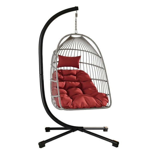 UHOMEPRO Hanging Egg Chair with Stand, Patio PE Wicker Swing Chair with Cushion and Headrest, Outdoor Hammock Egg Chair for Home Bedroom Patio Balcony, 350 lbs Capacity, Gray Red