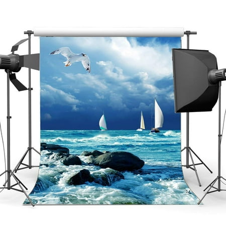 Image of ABPHOTO Polyester 5x7ft Tropical Seaside Backdrop Sailboat Rock Stones Waves Blue Sky White Cloud Nature Photography Background for Kids Baby Summer Journey Ocean Sailing Photo Studio Props