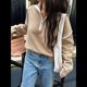 thumbnail image 5 of Suéteres Casuales con Cuello en V y Larga para Mujer, con Cremallera de un Cuarto, de Punto Holgado, con Bloques de Color y Cuello en V, para Otoño. Caqui L, 5 of 8