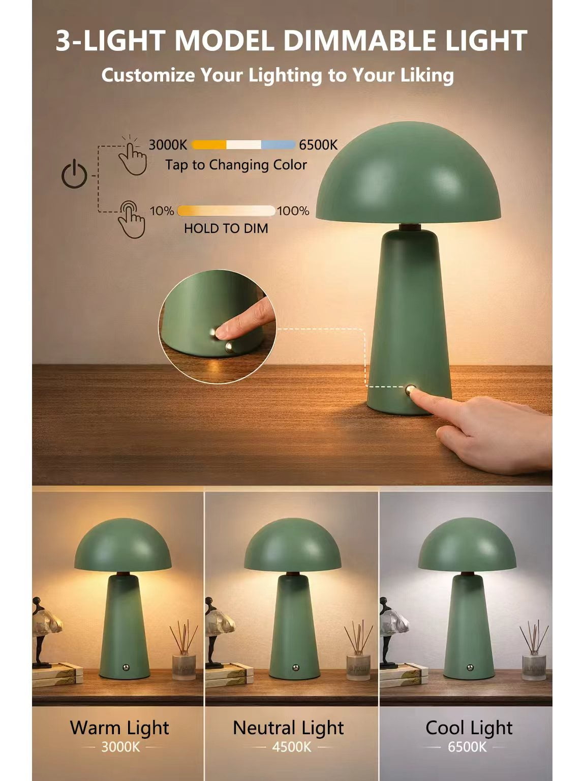 Better Homes & Gardens 9.5" Green Dome Rechargeable LED Portable Lamp with Dimmable Touch Sensor