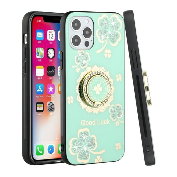 For Apple iPhone 8 Plus/7 Plus/6 6S Plus Fashion 3D Diamond Bling Sparkly Ornaments Engraving Hybrid Ring Stand Cover ,Xpm Phone Case [Teal Good Luck Floral]
