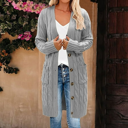 

Womens Sweater Casual Long Sleeve Soft Solid Color Button Down Cardigan Grey S