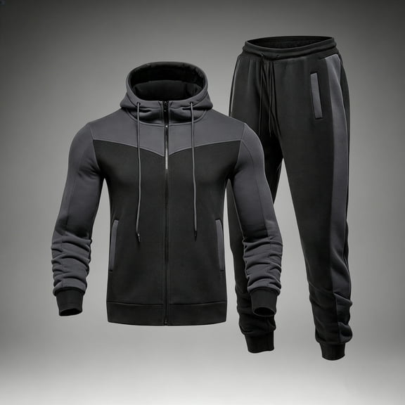 LEKWK Tracksuit Men Color Block Athletic 2 Piece Sweatsuit Sport Activewear Zip Up Hooded Jacket and Joggers Matching Outfits for Running Workout