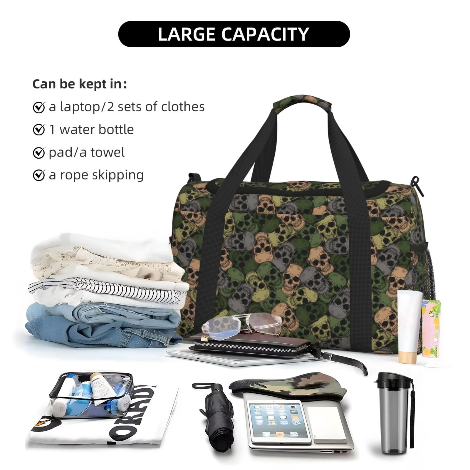 Defioc Camouflage Skulls Print Hand Travel Bag - Foldable Travel Duffel Bags for Men Women -Sport Gym Bag - Overnight Travel Duffel Bag - Adjustable Shoulder Strap