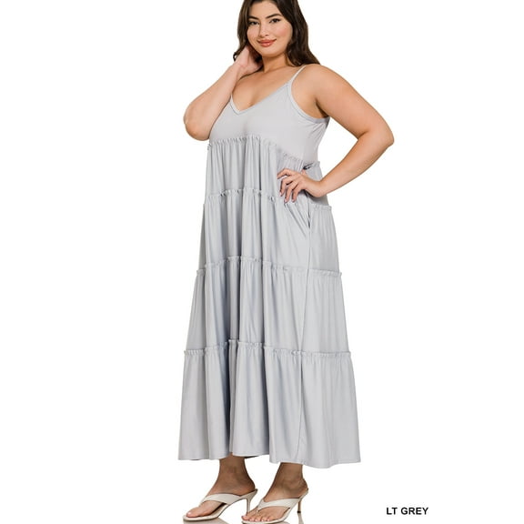 Zenana Women & Plus Relaxed Fit V-Neck Cami Full Length Tiered Boho Maxi Long Dress w/ Side Pockets