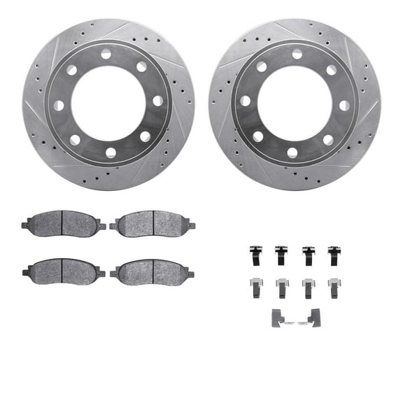 Dynamic Friction Company Rear Brake Rotors-Drilled and Slotted-Silver with Ultimate Duty Performance Brake Pads includes Hardware 7412-54084