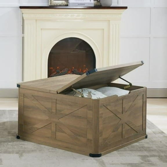 Coewske Square Storage Coffee Table Wood Center Table with Flip-Top Rustic Brown