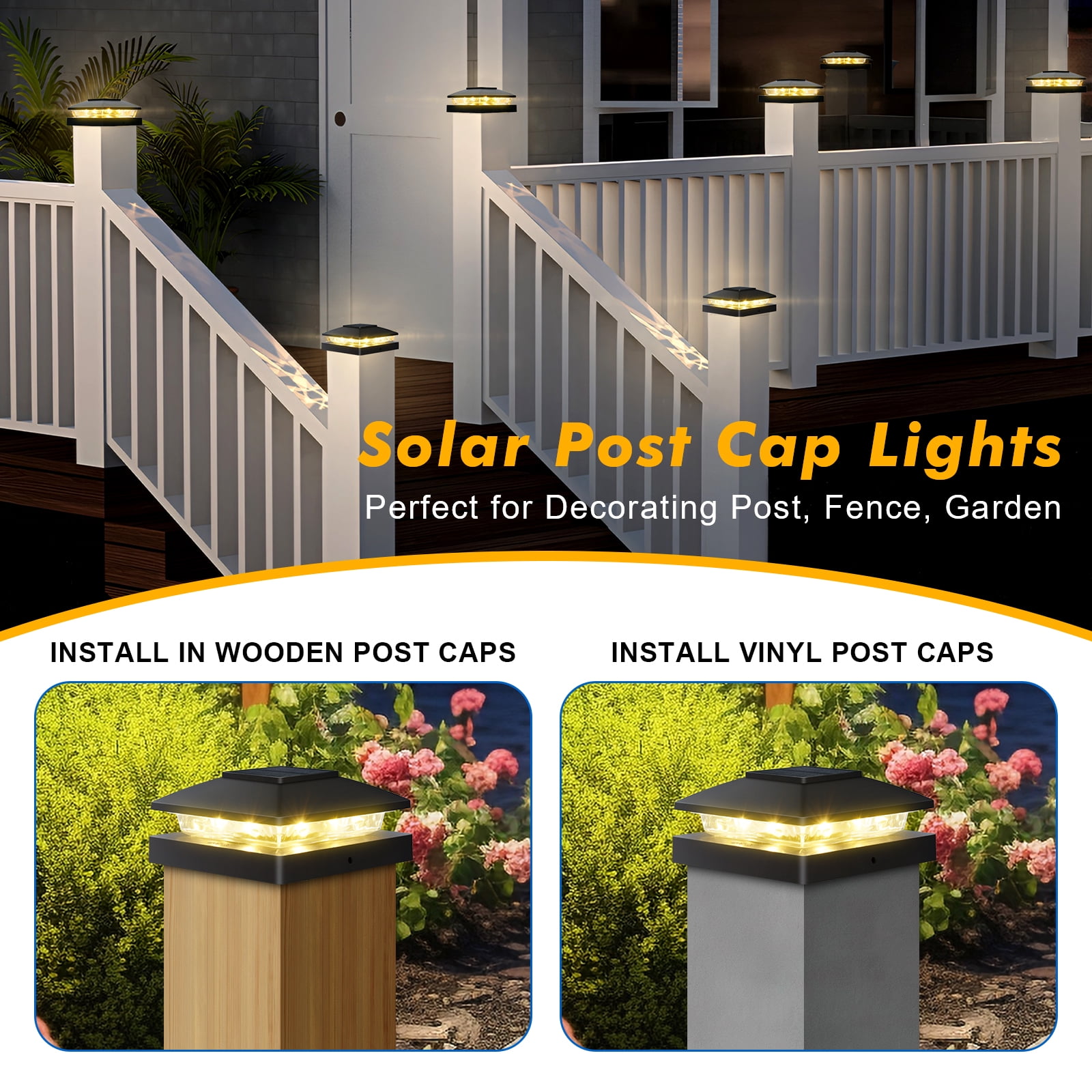 Ninonly 6 Pack Solar Post Cap Lights Outdoor, Waterproof LED Solar Fence Post Lights for 4x4 Wood/Vinyl Posts, Black Solar Powered Deck Post Lights for Garden Patio Fence Porch Deck Decor