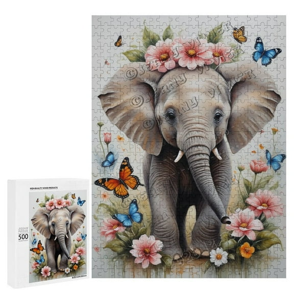 500 Piece Wooden Puzzle – Elegant Flower Elephant Design – Relaxing Puzzle for Adults, Perfect for Mindfulness and Nature-Inspired Art