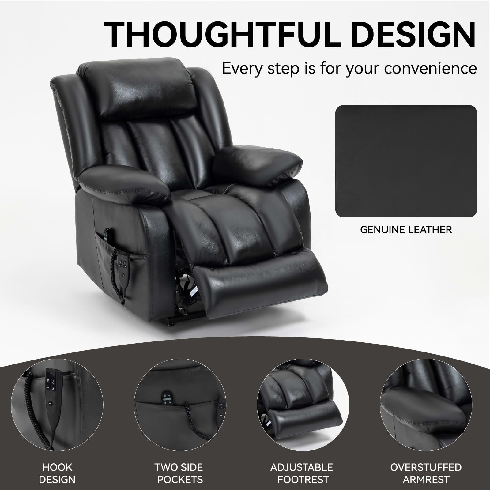 MAYEERTY Black Genuine Leather Dual Motor Power Lift Recliner, 350lbs 8-Point Massage Heat 180° 36"x40"x43" for Elderly