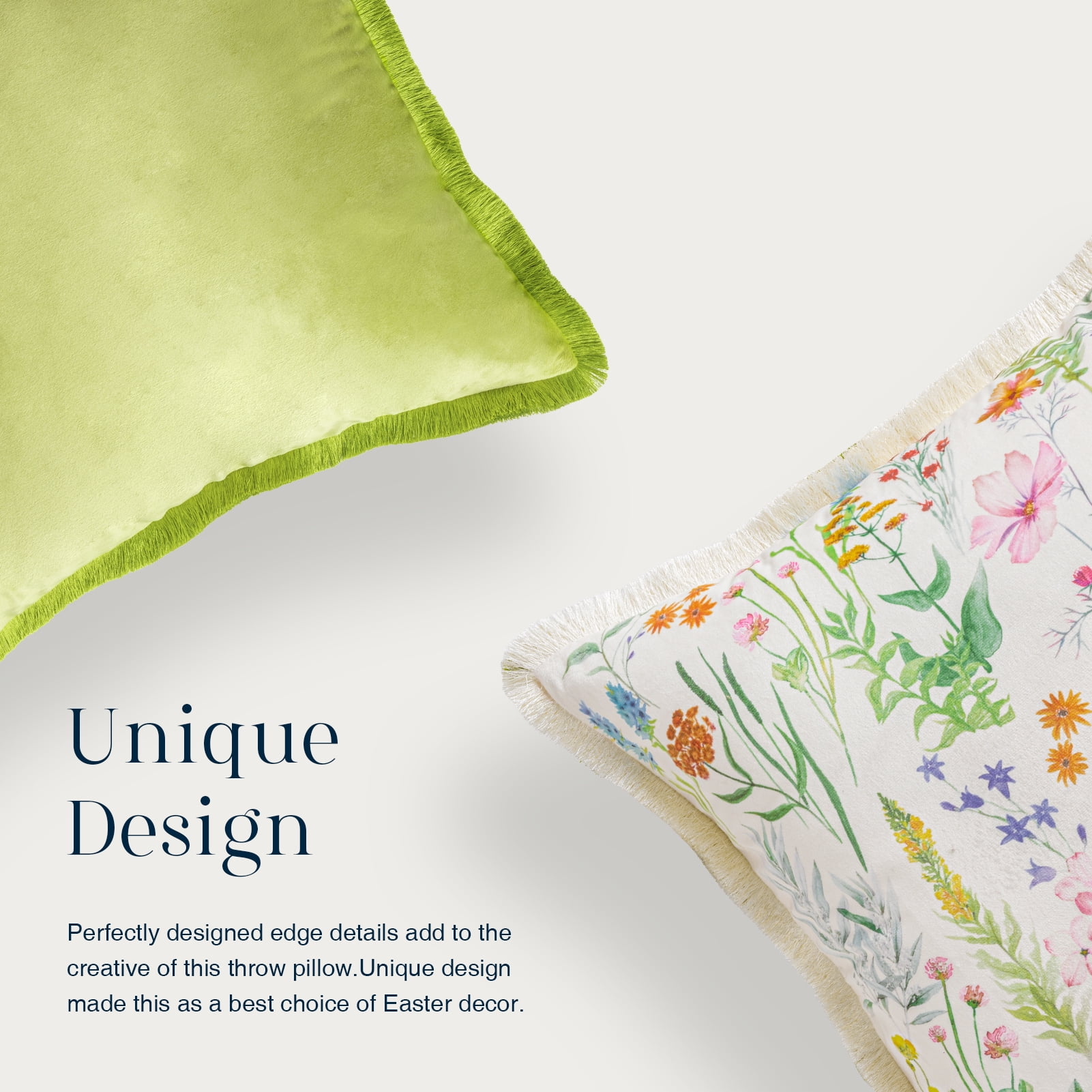Happy Easter Throw Pillow Tassel Trimmed Printed Colorful Flowers and Rabbits Decorative Easter Pillows, 18" x 18", Light Green, 2 Pack