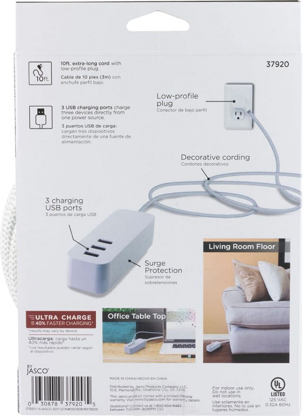 Cordinate Designer Extension Cord, 3-USB Charging Ports with Surge Protection, Gray, 10ft Cord and Flat Plug, 3.4A USB Charging Ports, 37920