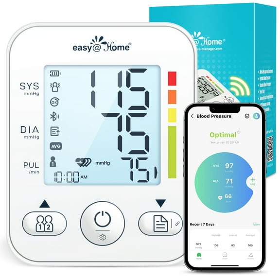 Easy@Home Bluetooth Upper Arm Blood Pressure Monitor with Backlit LCD Display, Adjustable Cuff, Kit with Storage Bag, Batteries, and USB Cable