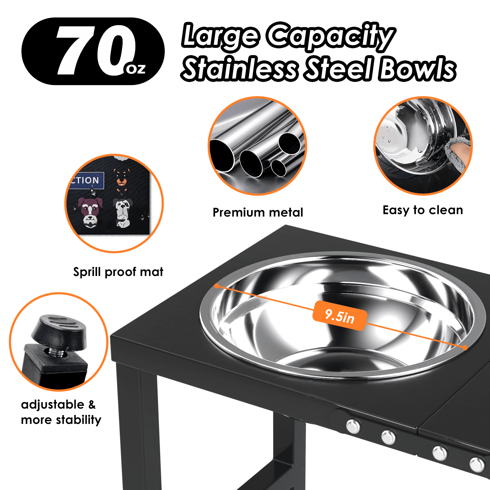 SHAINFUN 16" Tall Elevated Dog Bowls for Large Dogs, with 2L Bowls and Sprill Proof Mat