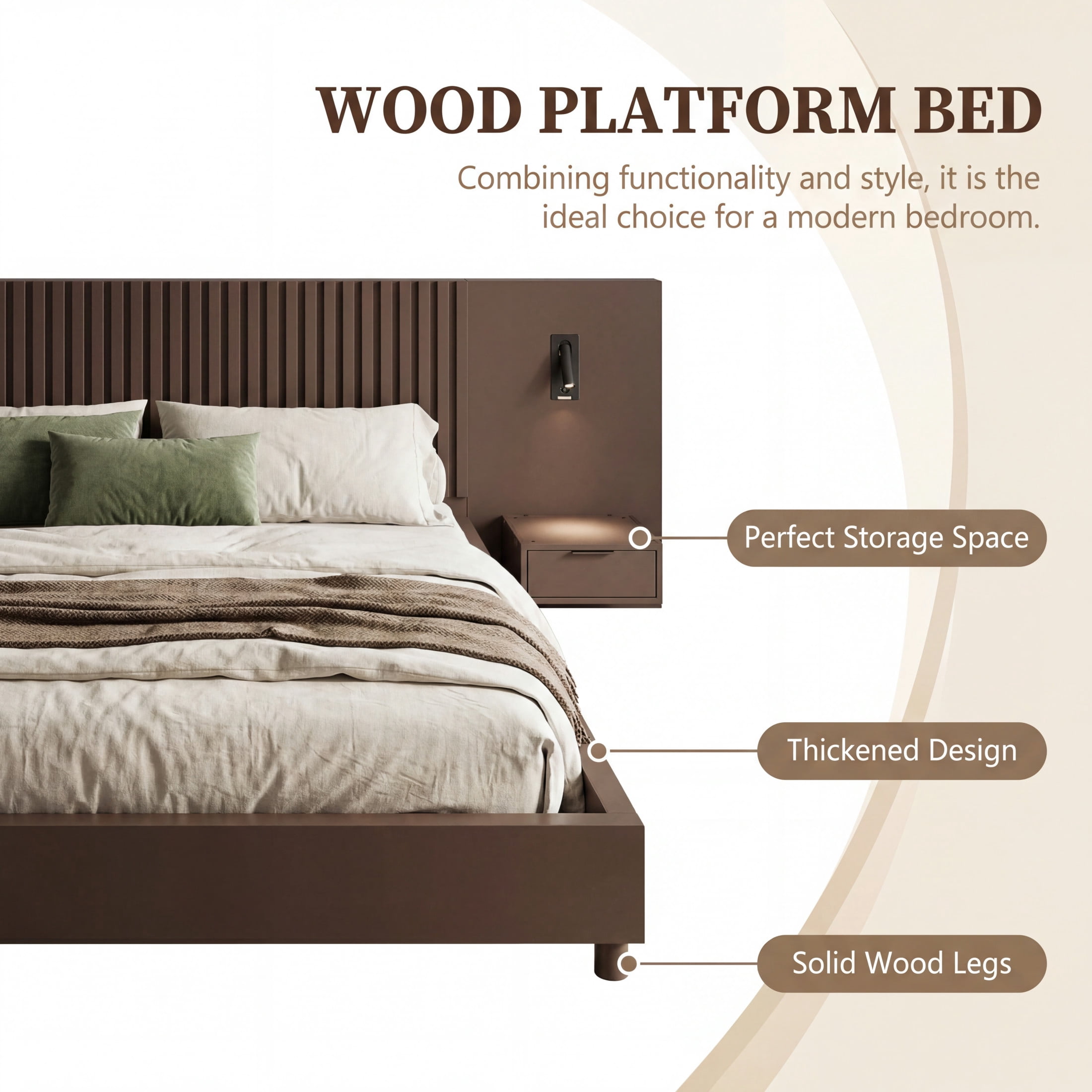 Christopher Knight Home Modern King Wood Platform Bed with Nightstands and Reading Lights, Walnut