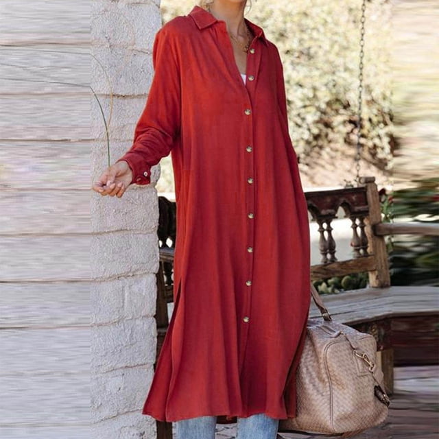 FcBaudy Robe à Manches Longues Col Rabattu, Robes de Printemps pour Femmes, Robes de Mode pour Femmes Décontractées Unies Col Rabattu Manches Boutonnées Robe Ample Blouse d'Automne Hauts Robe pour Femmes