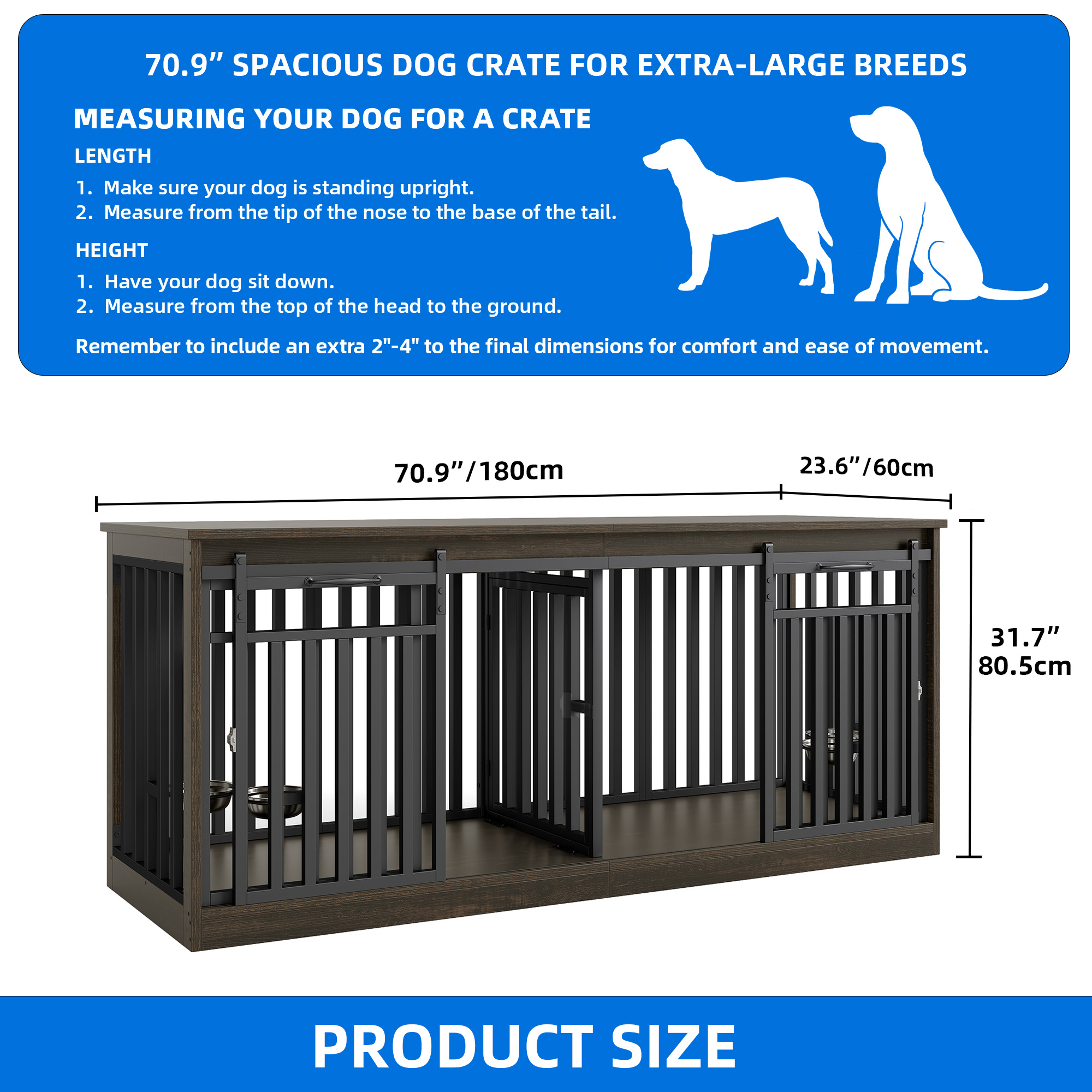 Dextrus 71" Dog Crate Furniture with 4 Dog Bowls for 2 Dogs, Heavy Duty Wooden Dog Kennel Crate TV Stand - Black Oak