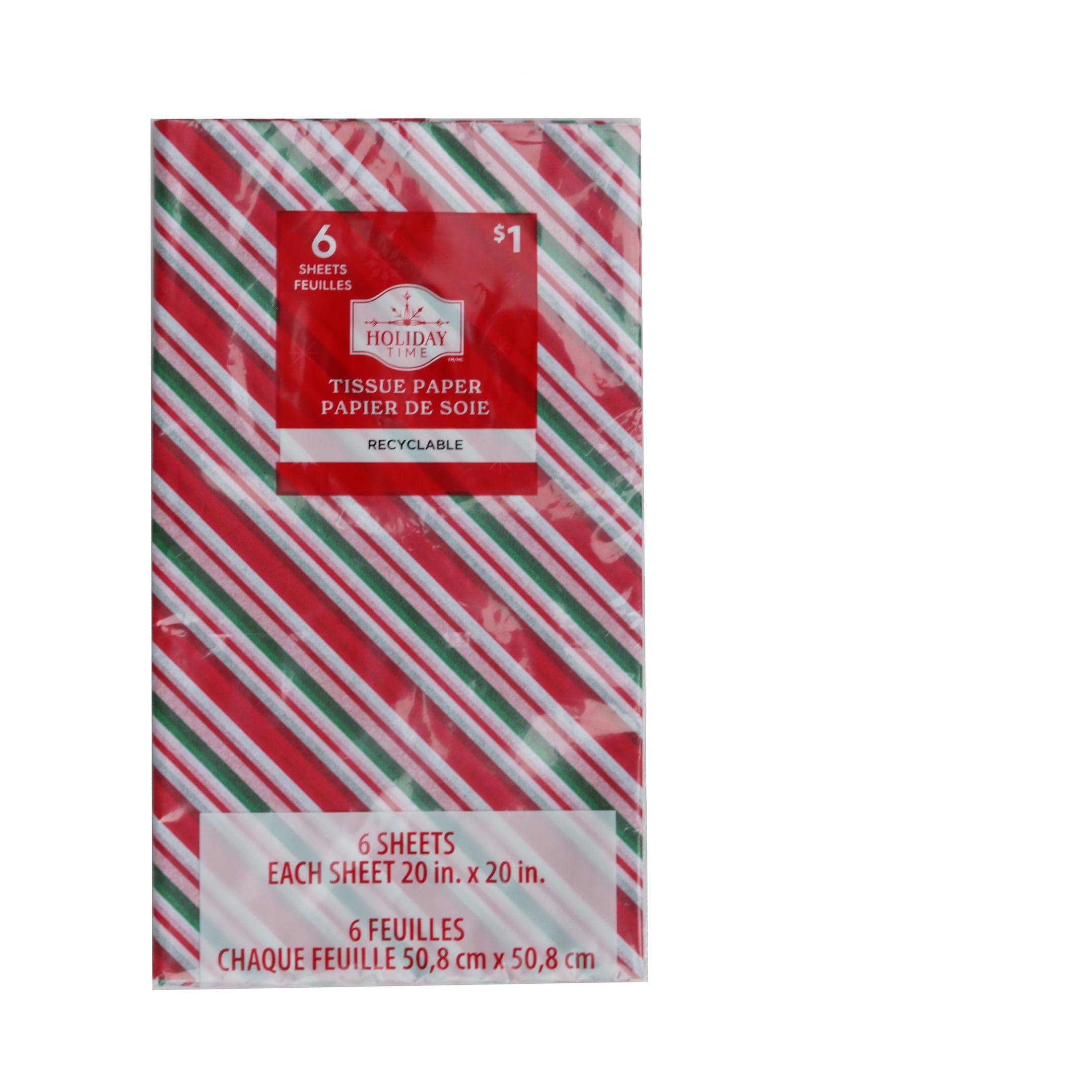 Holiday Time Red, Green, and White Christmas Tissue Paper, 6 Count, HOLIDAY TIME PL 6CT STRIPES TISSUE