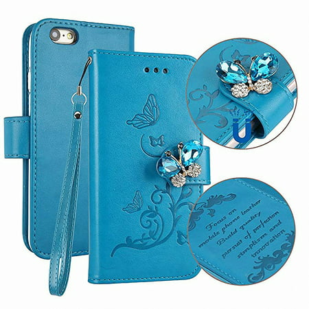 iPhone 6 Plus Case, iPhone 6S Plus Case, Allytech 3D Bling Luxury Handmade Flip Wallet Case Jewelry Crystal Diamond Butterfly Embossed Floral PU Leather Card Slot Magnetic Wristlet Cover,