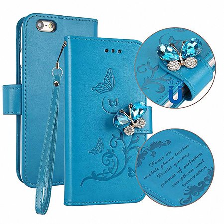 Embossed Card Case - iPhone 6 Plus Case, iPhone 6S Plus Case, Allytech 3D Bling Luxury Handmade Flip Wallet Case Jewelry Crystal Diamond Butterfly Embossed Floral PU Leather Card Slot Magnetic Wristlet Cover, Blue