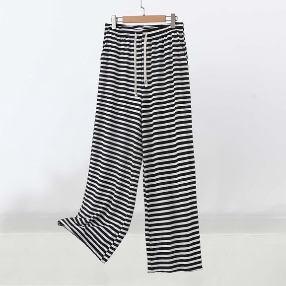 Maqroz Wide Leg Pants Women Plus Size Casual High Waisted Drawstring Loose Fitted Comfy Palazzo Pants Soft Striped Sleep Pajama Bottoms Lounge Pants with Pockets Silver L