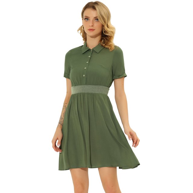INSPIRE CHIC Robe d'Été à Boutons Smockée à Blocs de Couleur pour Femmes Vert Armée TG