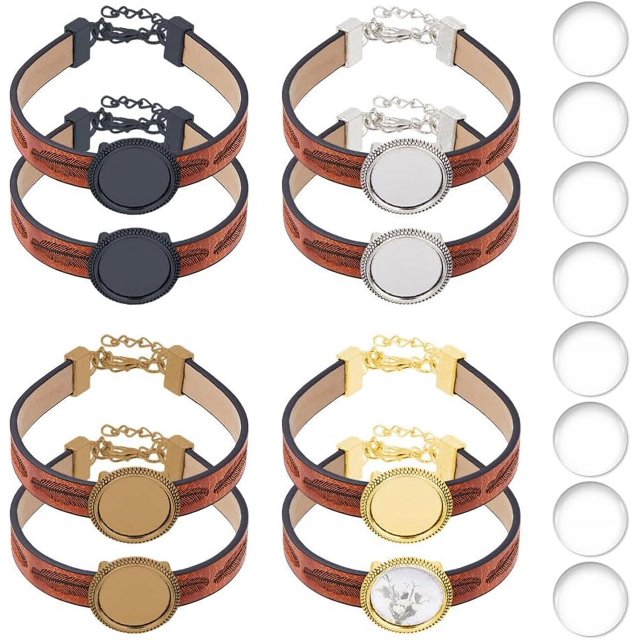 8 juegos de engastes para pulseras de 4 colores, kit para hacer pulseras en blanco, bandeja de aleación de 18 mm, base de joyería, bandeja de cabujón con cadena de cuero PU.