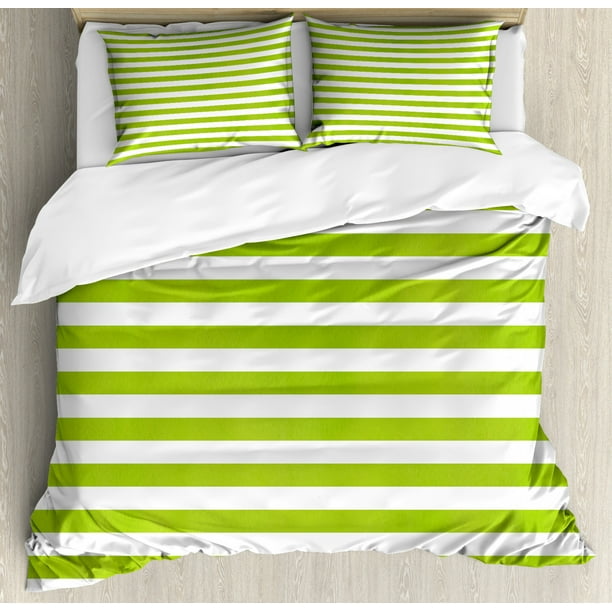 Lime Green Duvet Cover Set Horizontal Stripes Simplistic
