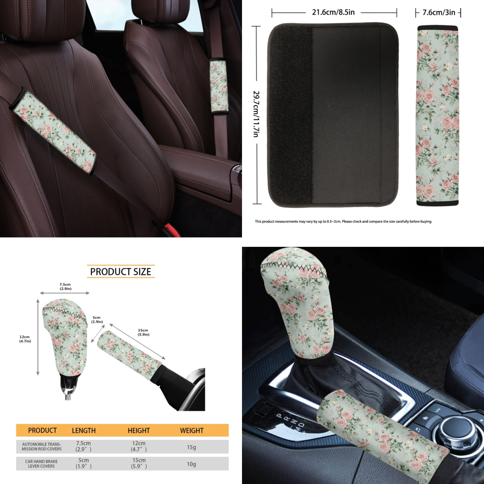 Yuyamidu 14 Piece Pink Rose Car Seat Cover Set with Steering Wheel Cover Green Seat Belt Strap Cover Garbage Bin Armrest Cover Rearview Mirror Cover Coaster Gear Shift Knob Cover Set for Women