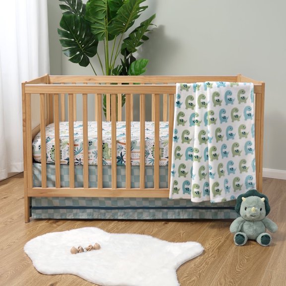 The Peanutshell Baby Crib Bedding Set for Boys - 3 Pieces - Dino Fitted Crib Sheet and Plush Baby Blanket Set with Checkered Dust Ruffle - Dinosaur